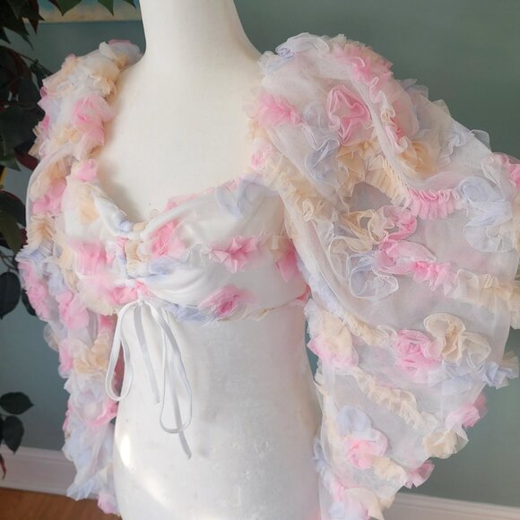 Floral Long Sleeve Crop Top with Puff Sleeves - Picture 4 of 5